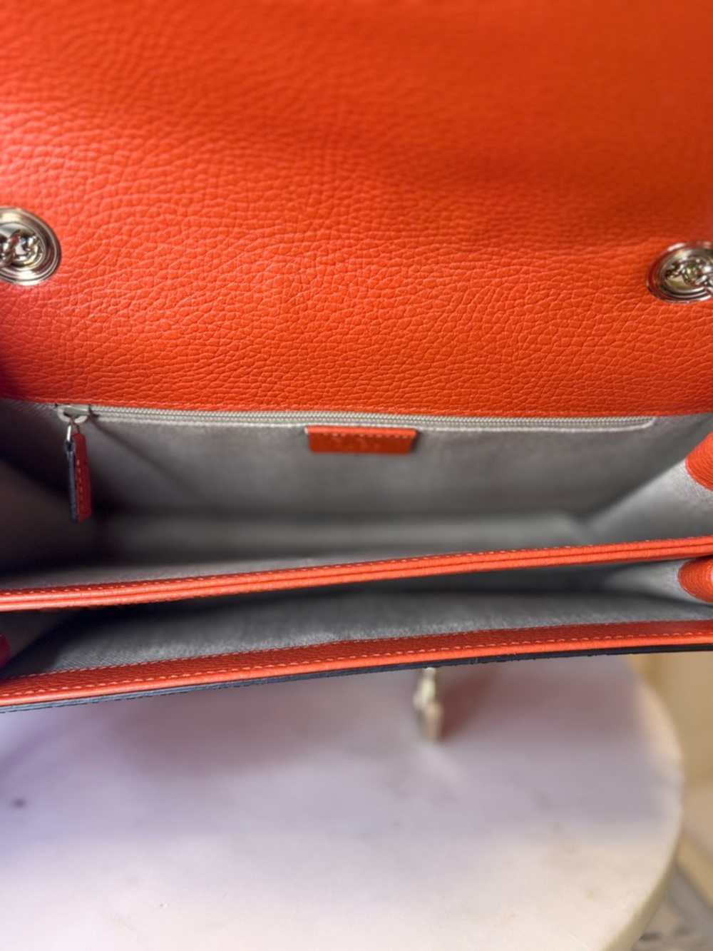 Gucci Authentic Red-Orange Leather Shoulder Bag with Silver Chain Like New w COA - Picture 12 of 14